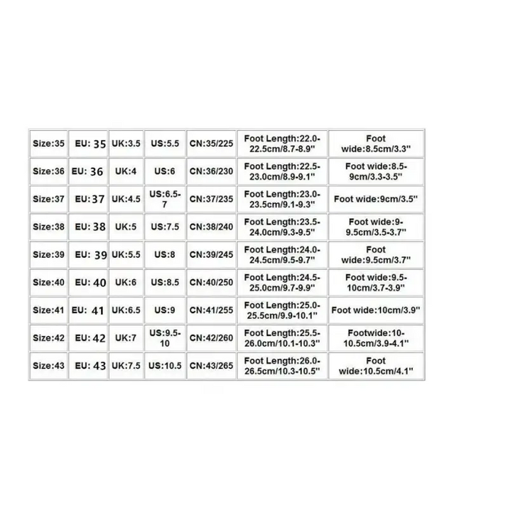 Shoe size conversion chart.