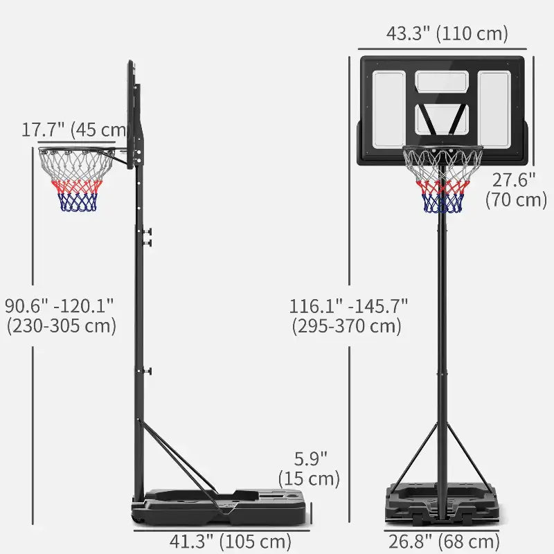 Adjustable height portable basketball hoop with dimensions.
