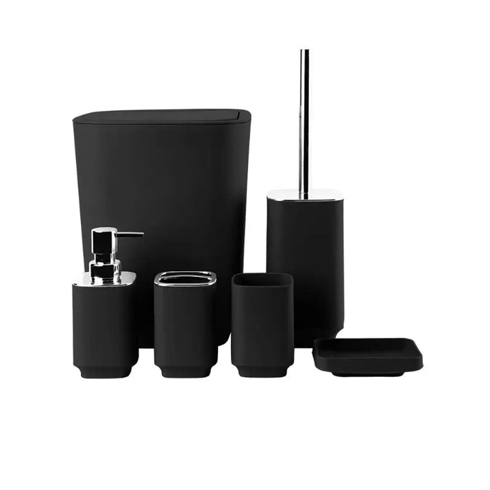 Black bathroom accessory set.