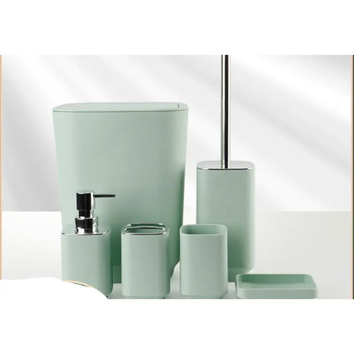Mint green bathroom accessory set.