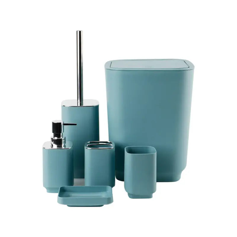 Turquoise bathroom accessory set.