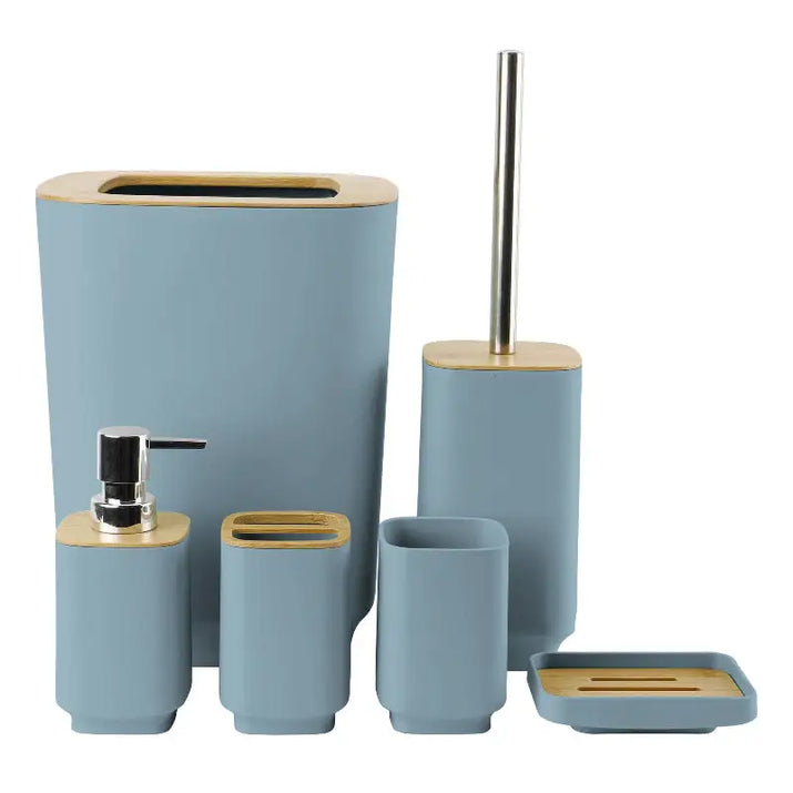 Blue and bamboo bathroom accessory set.