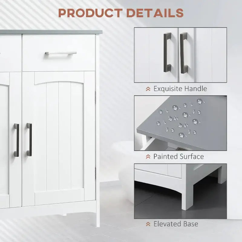 White bathroom cabinet with gray accents.