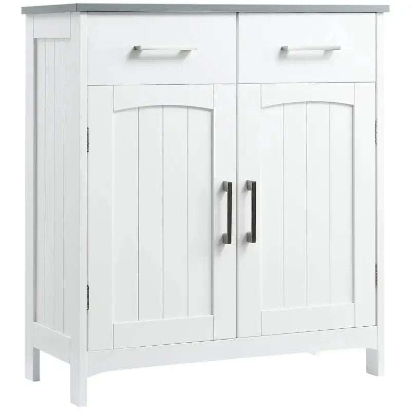 White cabinet with drawers and doors.
