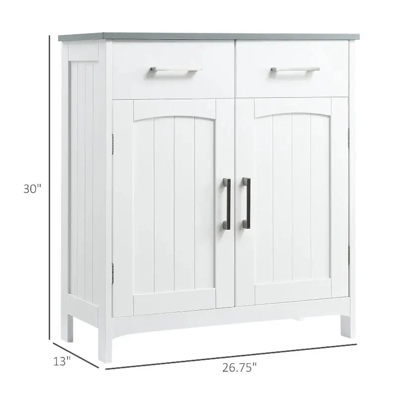 White cabinet with drawers and doors.