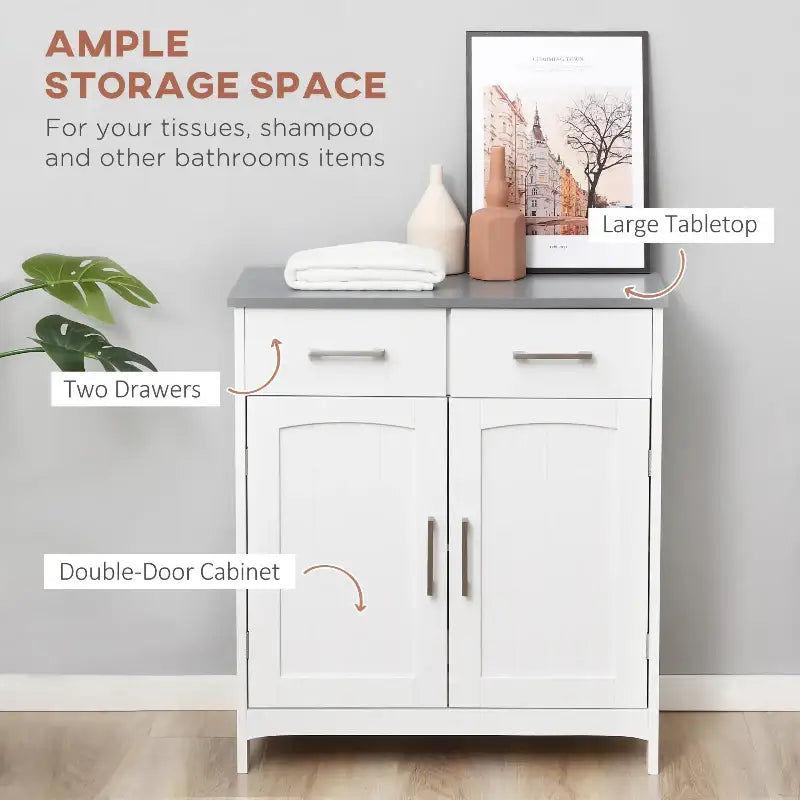 White bathroom cabinet with drawers and double doors.