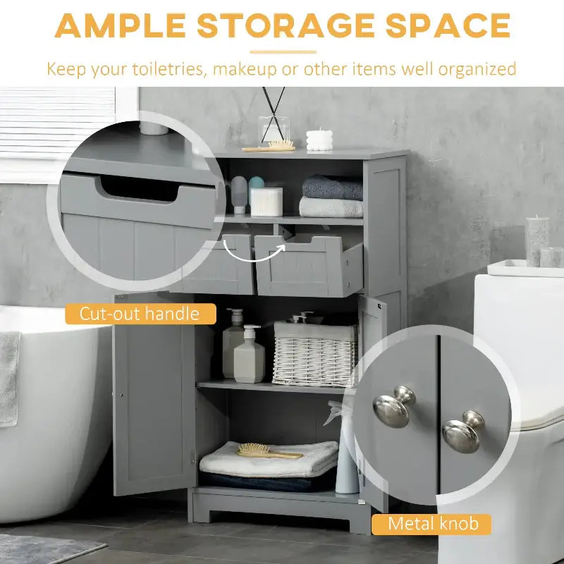 Gray bathroom storage cabinet.