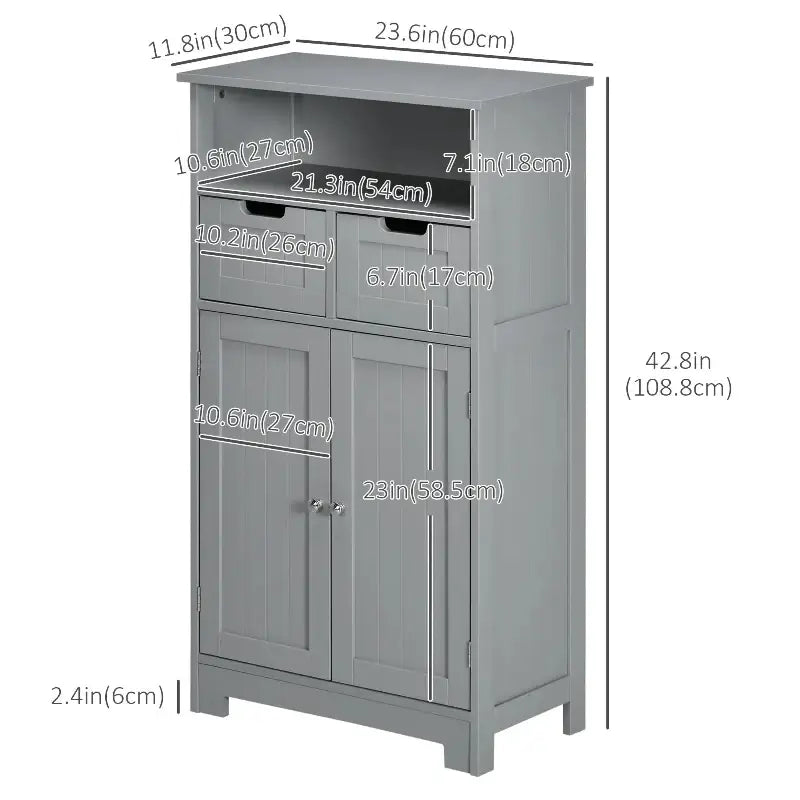 Gray storage cabinet with drawers and doors.