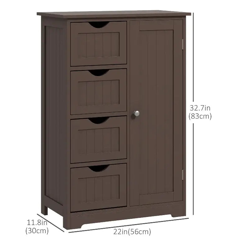 Brown wooden cabinet with drawers and door.