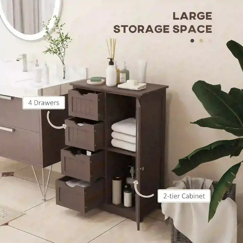 Brown bathroom storage cabinet.