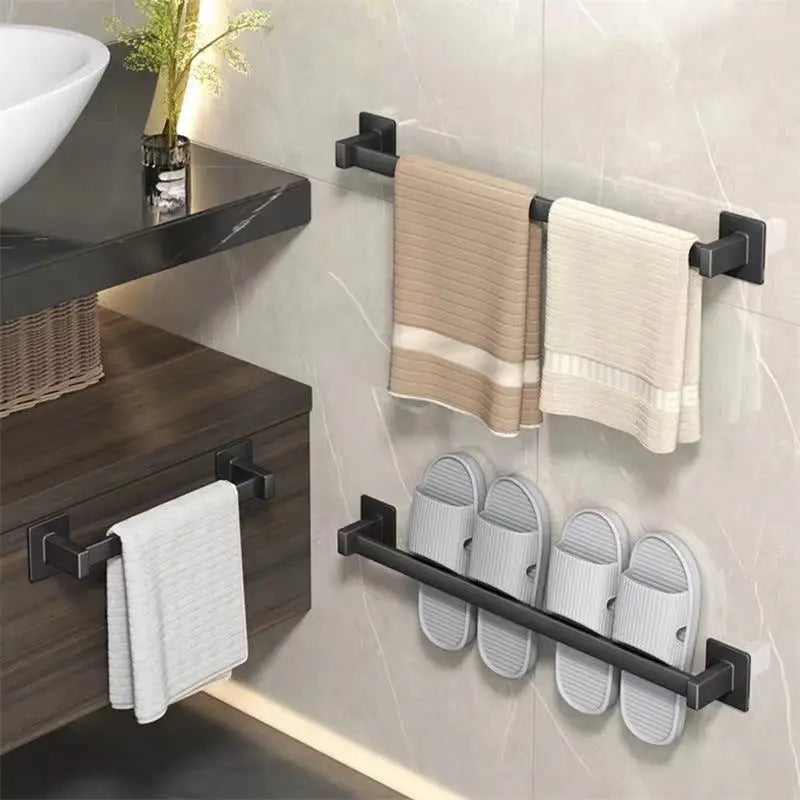 Bathroom towel and slipper racks.