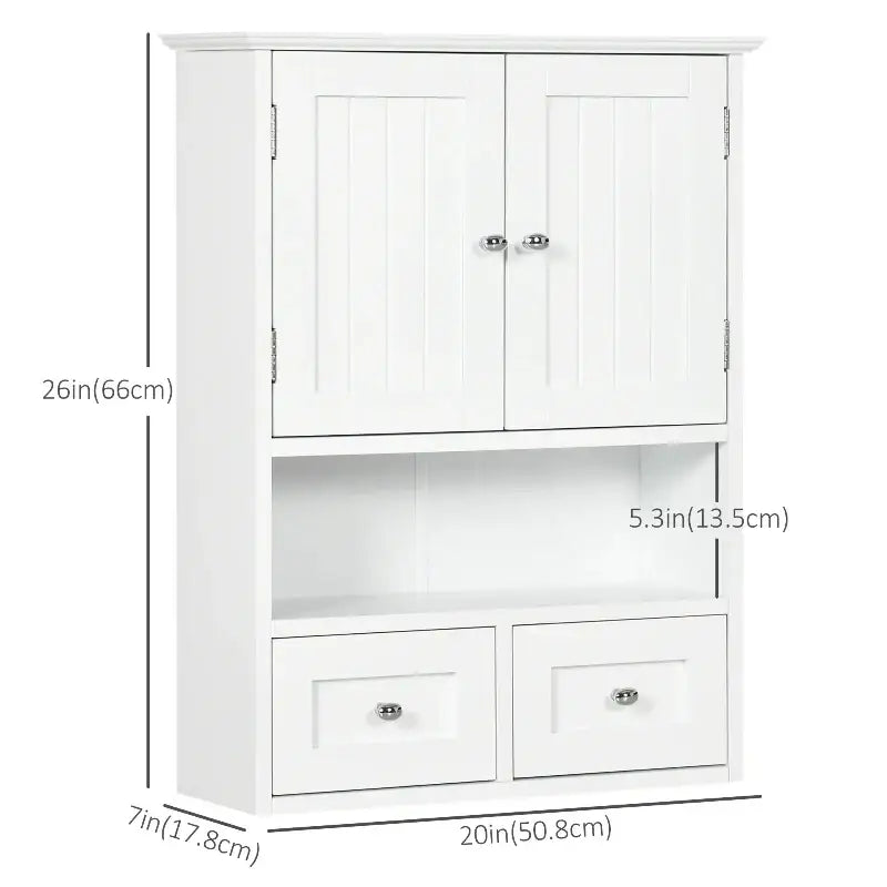 White wall-mounted cabinet with doors, drawers, and shelf.
