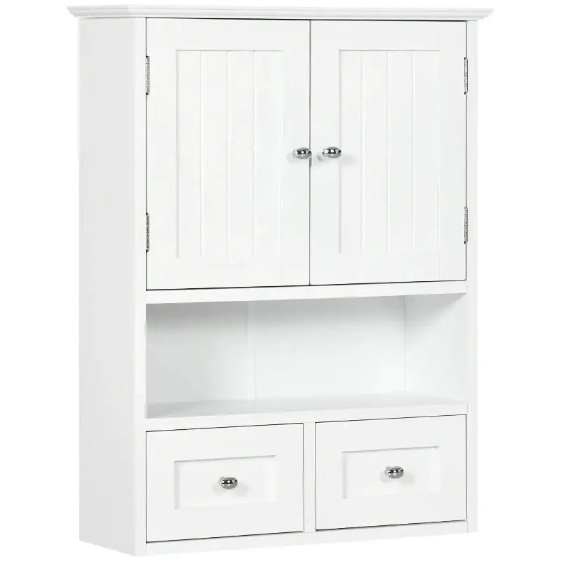 White wall-mounted cabinet with doors, shelf, and drawers.