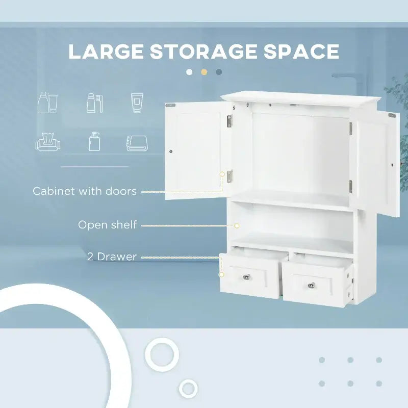 White storage cabinet with open doors and drawers.