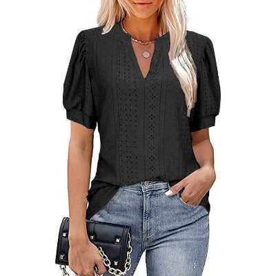 black V-neck Solid Color Hollow Bubble Sleeve Loose T-shirt