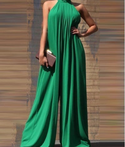 green Halter Sleeveless Casual Plus Size Jumpsuit