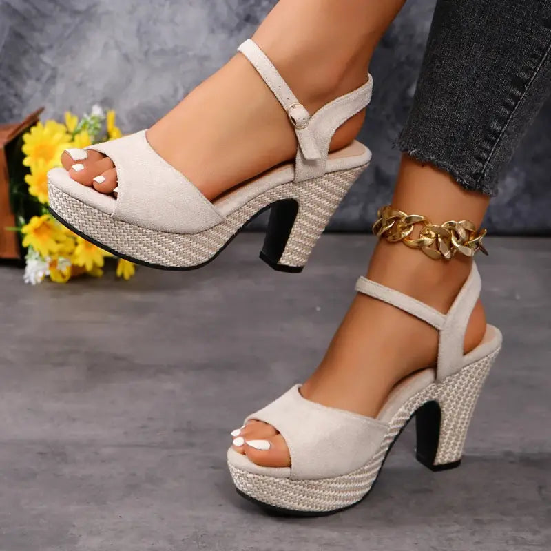 Open-Toe Hollow Buckled High-Heel Shoes