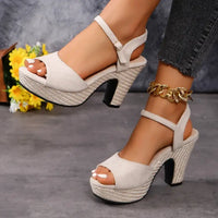 Open-Toe Hollow Buckled High-Heel Shoes