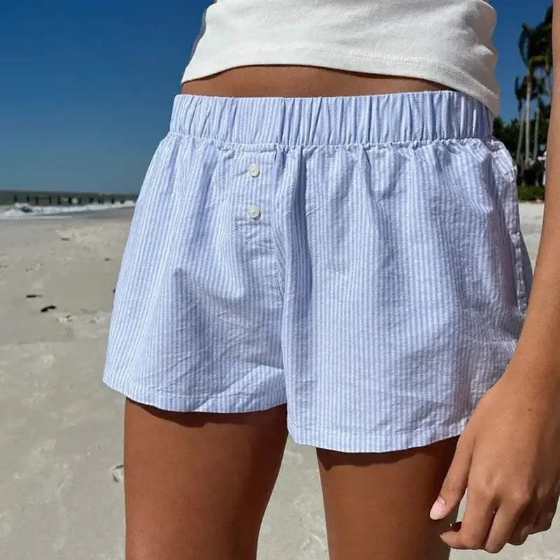 Blue and white striped boxer shorts.