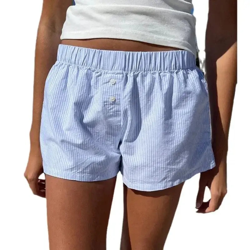 Blue and white striped boxer shorts.