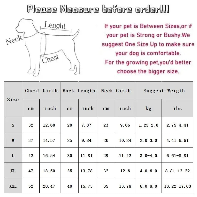 Dog clothing size chart.