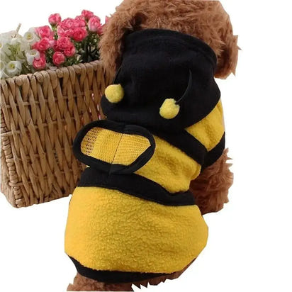 Dog wearing a bee costume.