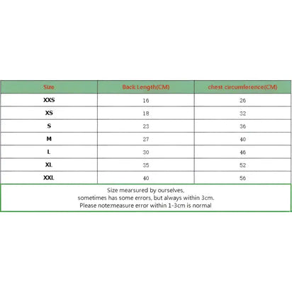 Size chart for pet clothing.
