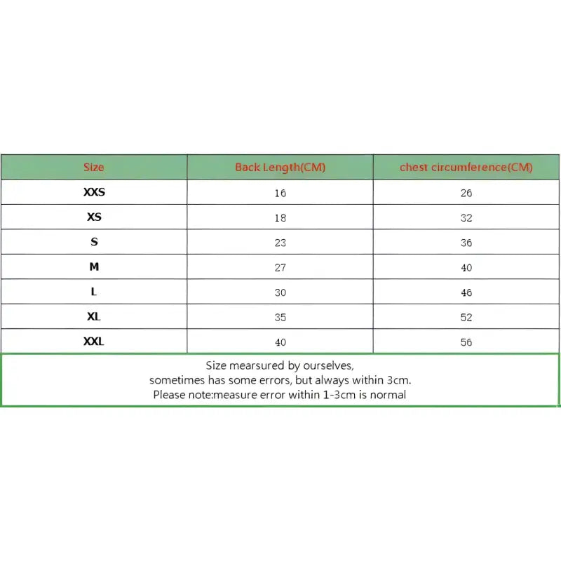 Size chart for pet clothing.