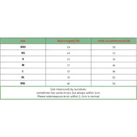 Size chart for pet clothing.