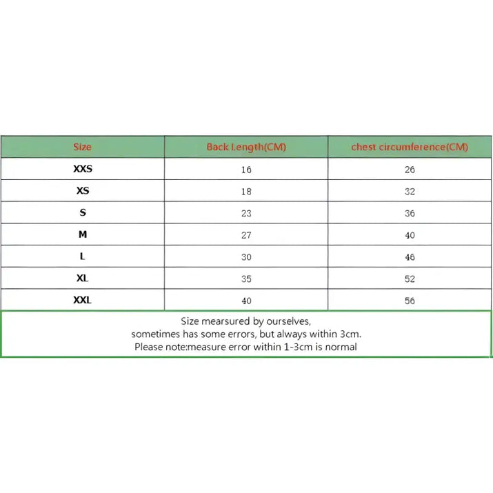 Size chart for pet clothing.