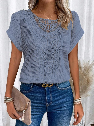 blue Lace Patchwork Short-sleeved T-shirt