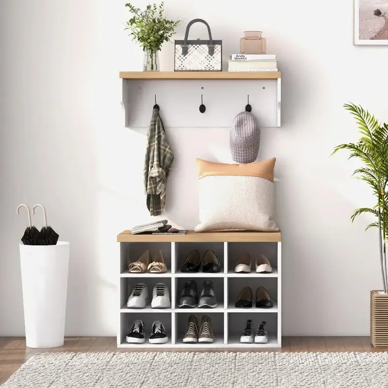 2-in-1 Hall Tree and 5-Hook Coat Rack Shoe Bench Set