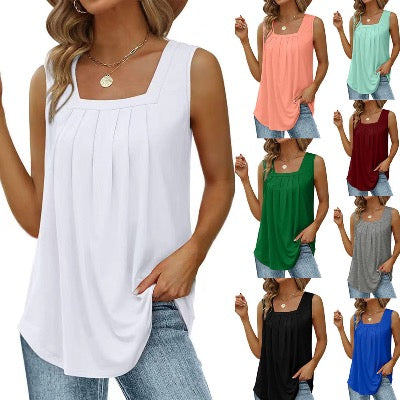 Pleated Square Neck Tank Top