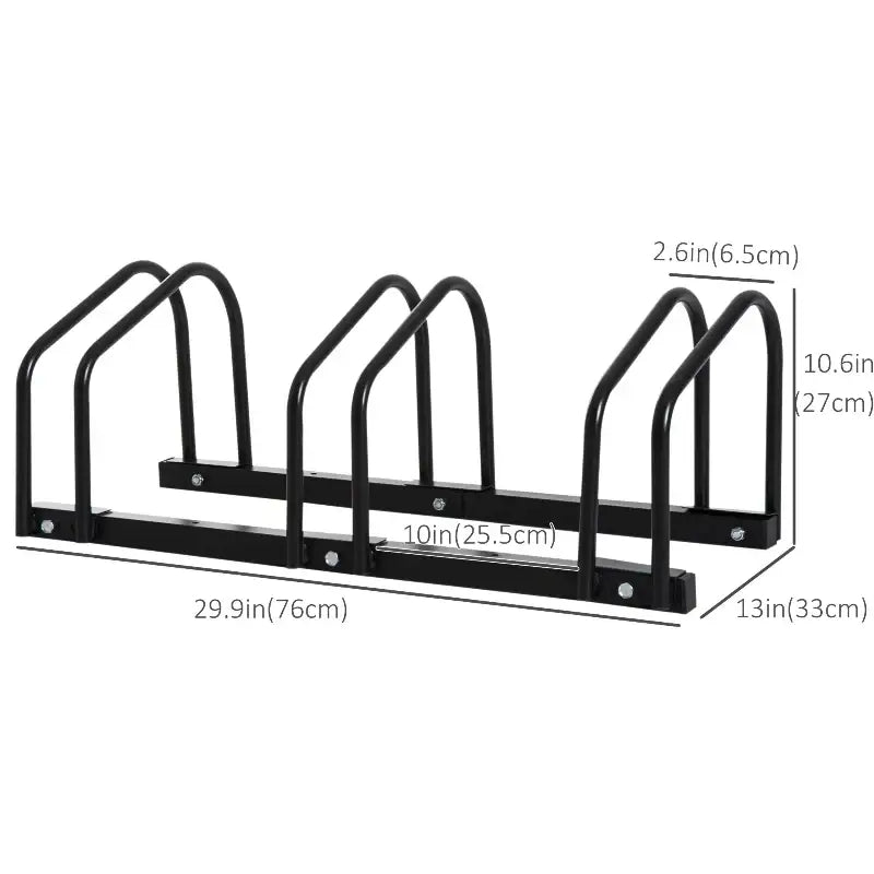 Black metal three-bike rack with dimensions.