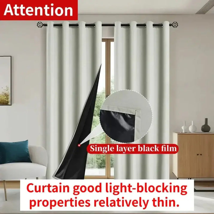Light-blocking curtains with black film backing.