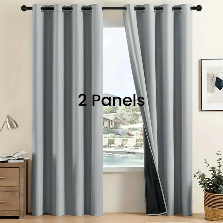Gray blackout curtain panels.
