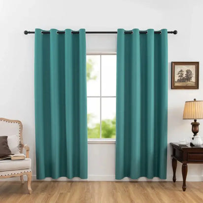 Teal grommet curtains.
