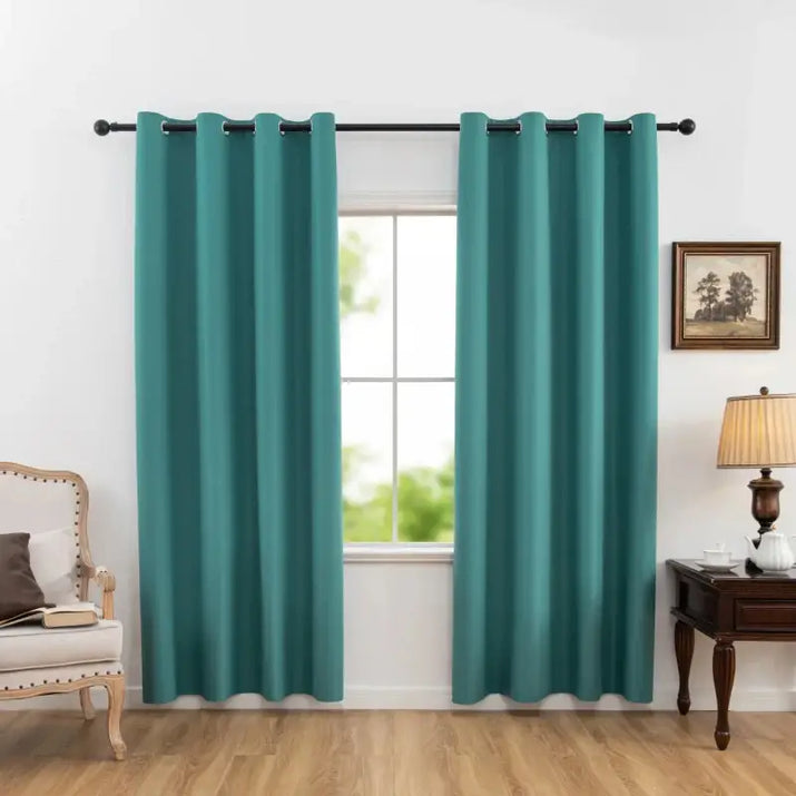 Teal grommet curtains.