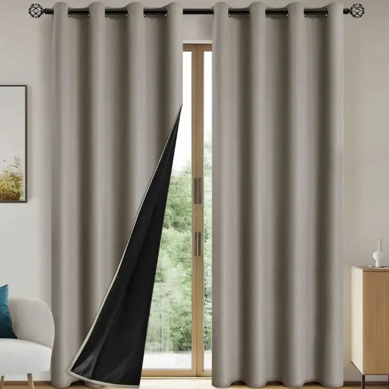 Gray blackout curtains.