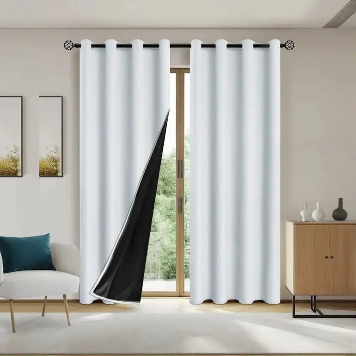 White blackout curtains.