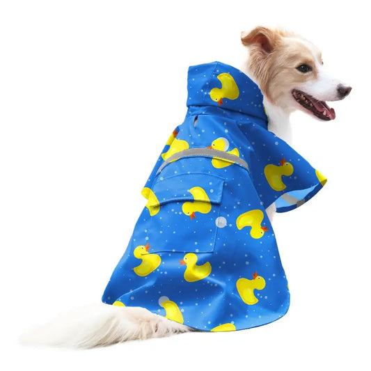 Dog wearing a blue ducky raincoat.