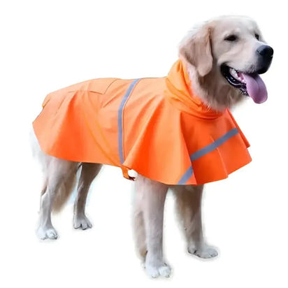 Golden retriever wearing an orange raincoat.