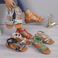 Colorful wedge sandals with braided straps.