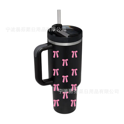 Black tumbler with pink bows.