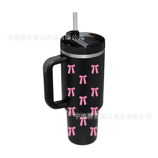 Black tumbler with pink bows.