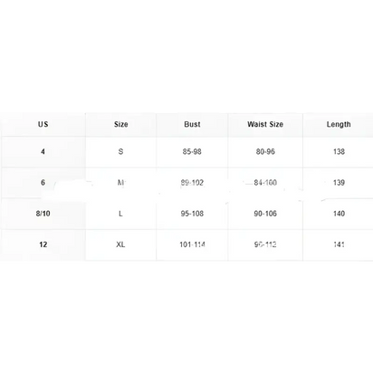 Clothing size chart.