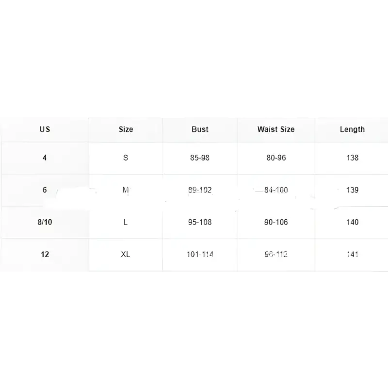 Clothing size chart.