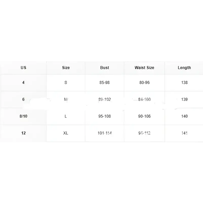 Clothing size chart.