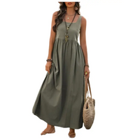 Olive green sleeveless maxi dress.