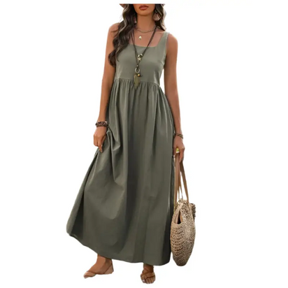 Olive green sleeveless maxi dress.
